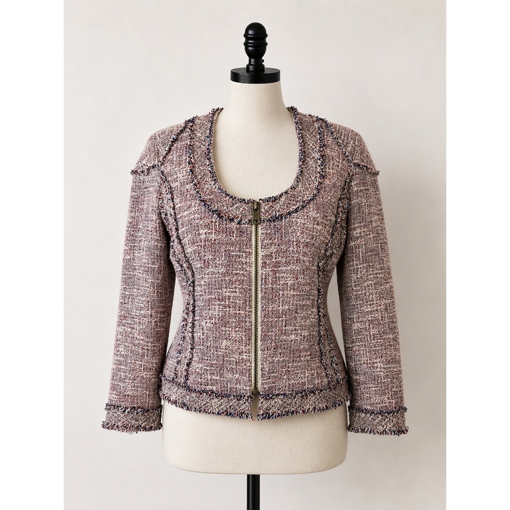 Banana Republic Boucle Tweed Cropped Jacket 2 Zip Front Linen Blend Red Black